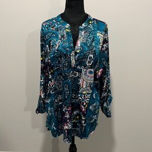 Manhattan Blues  Long sleeve blouse, V-neck, Multicolor, Size 1X